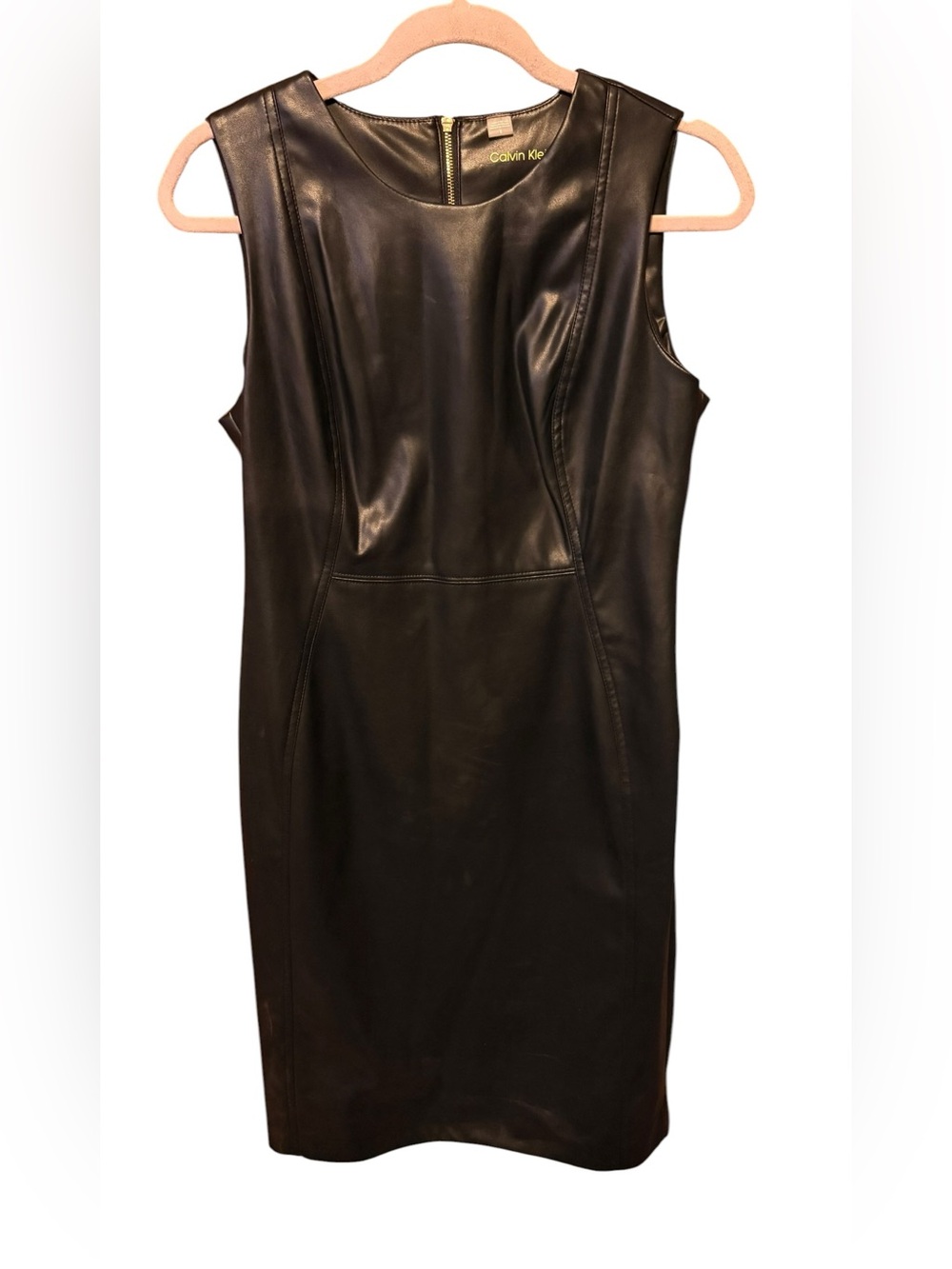 Calvin Klein Black Vegan Leather Sheath Dress Size 8 Minimalist 90s Chic Cocktai - Picture 6 of 6